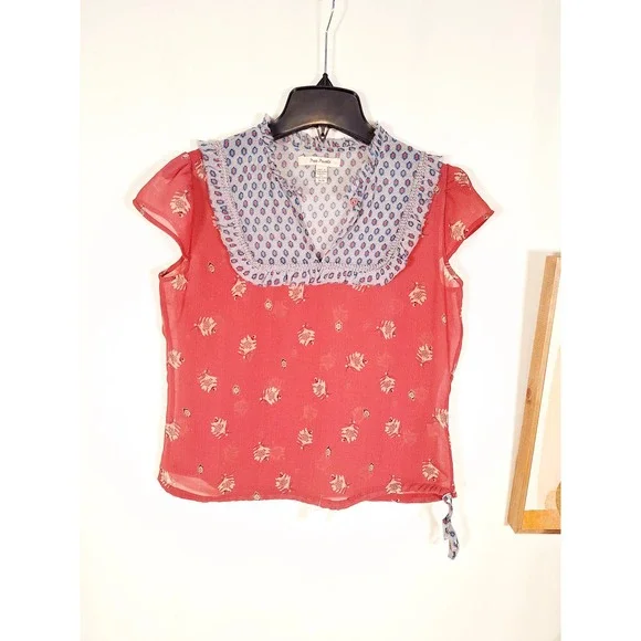 Free People Women's Flutter Sleeve Floral Blouse Medium Red - Picture 5 of 9